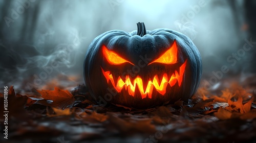 Spooky glowing pumpkin with jagged teeth, nestled in autumn leaves, casting a flickering orange light, fog creeping in the background, haunted atmosphere, fantasy style, deep hues