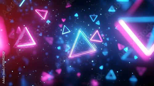 Floating neon triangles, cubes, and hexagons, glowing in vibrant blues and pinks, suspended in a limitless black cyberspace field