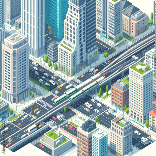 A cityscape with a busy street