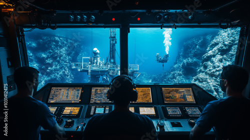 Underwater shot of deep-sea oil drilling, ROV operators through control room window