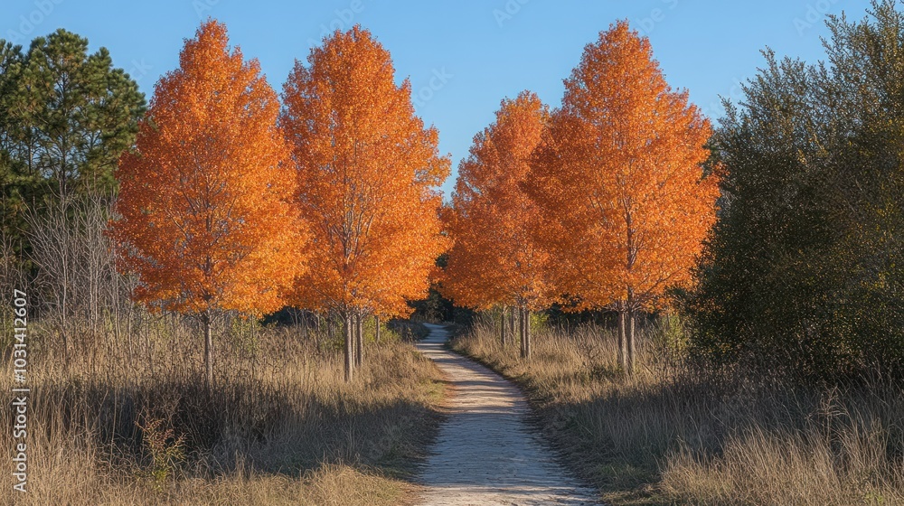 Fototapeta premium Vibrant autumn scene with orange trees lining a dirt path.