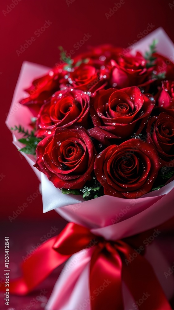Close-up of red roses with dewdrops wrapped in white paper Close-up of red roses with dewdrops wrapped in white paper