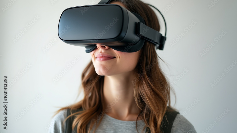 A woman wearing a virtual reality headset with a pair of virtual reality glasses. A woman wearing a virtual reality headset with a pair of virtual reality glasses.