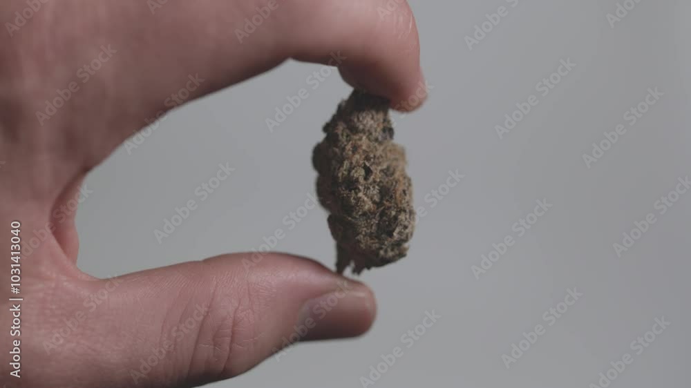 A cannabis bud being held and touched in a close up.