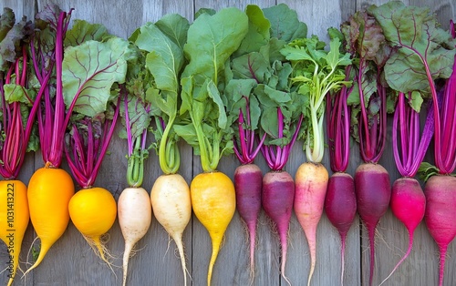 A selection of rare vegetable varieties, from golden beets to rainbow radishes, creating a colorful, exotic display