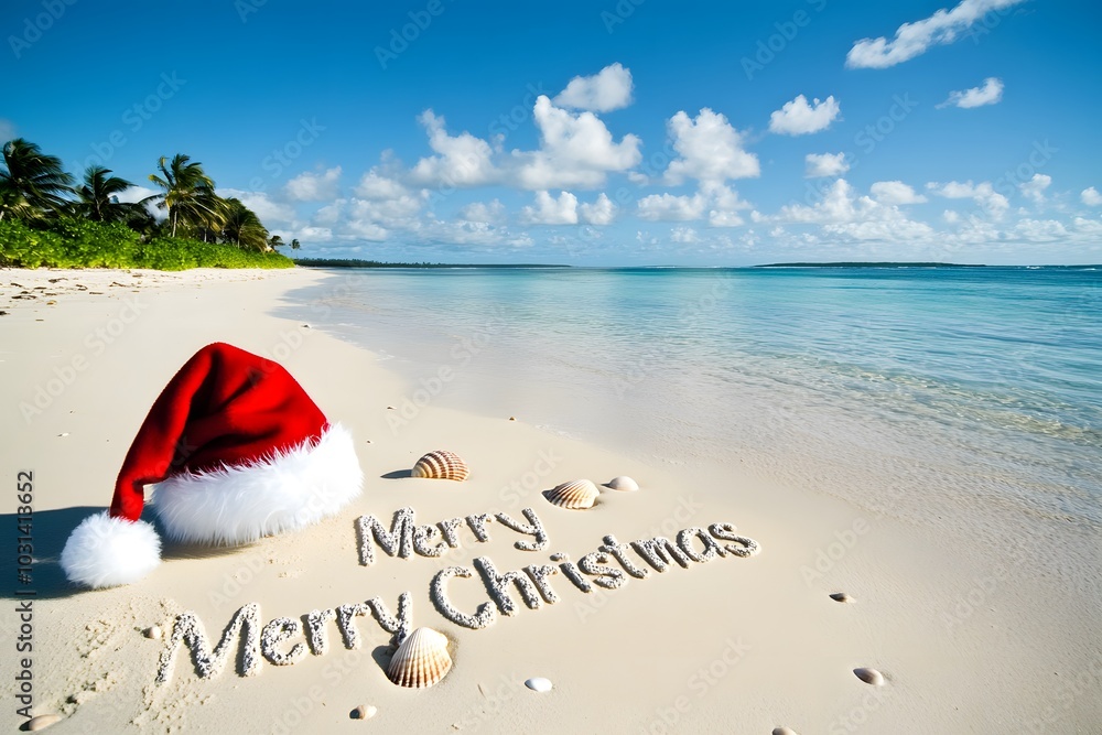 A festive scene shows a Santa hat on a beach with A festive scene shows a Santa hat on a beach with