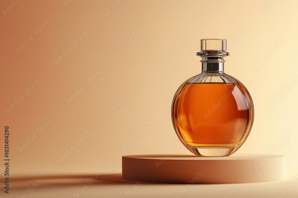 Glass Bottle of Perfume on a Beige Platform. Glass Bottle of Perfume on a Beige Platform.