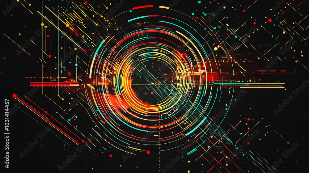 Obraz premium Abstract black background with Colorful circle lines. Digital future technology . Abstract business connection of lines from nodes innovation of communication in the network