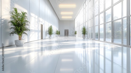 A wide, bright hospital corridor with sleek architecture, sharp clean lines, sterile white walls, and soft natural light, evoking a sense of cleanliness