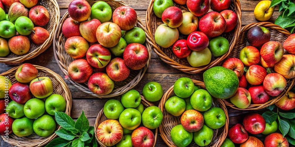 Fresh Green and Red Apples for Sale at Local Farmers Market - Organic Fruits Display Fresh Green and Red Apples for Sale at Local Farmers Market - Organic Fruits Display
