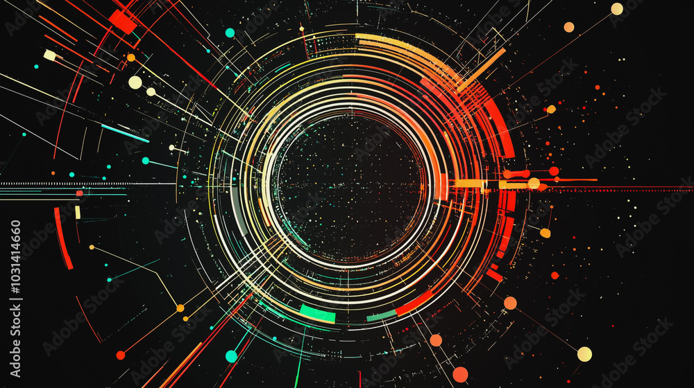 Obraz premium Abstract black background with Colorful circle lines. Digital future technology . Abstract business connection of lines from nodes innovation of communication in the network