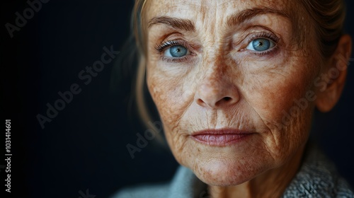 Aged woman with wrinkled, sun-damaged skin evolving into revitalized, radiant version with smooth and youthful complexion, concept of transformation photo