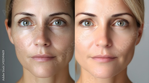 Aged woman with wrinkled, sun-damaged skin evolving into revitalized, radiant version with smooth and youthful complexion, concept of transformation