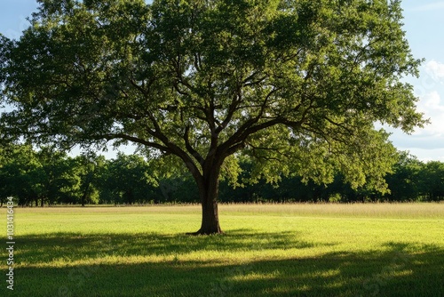 A solitary ancient tree in a serene meadow, its branches creating a wide, protective shade