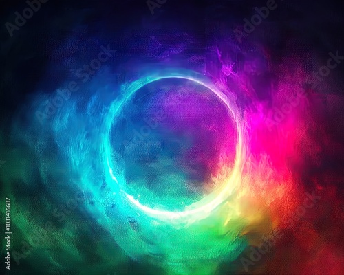 Neon Circle in Cosmic Nebula: Abstract Background for Science Fiction, Technology, and Gaming