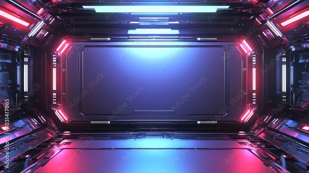 Futuristic Sci Fi Room with Holographic Lights and Metallic Border Futuristic Sci Fi Room with Holographic Lights and Metallic Border