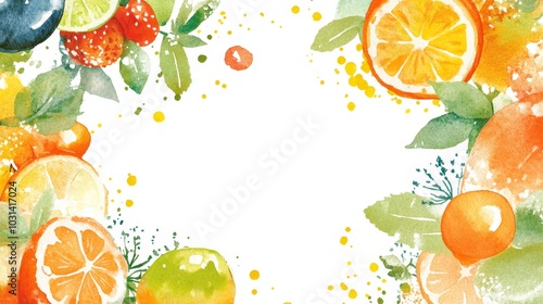Watercolor painting of fresh fruits and vegetables on a white background for healthy lifestyle promotion