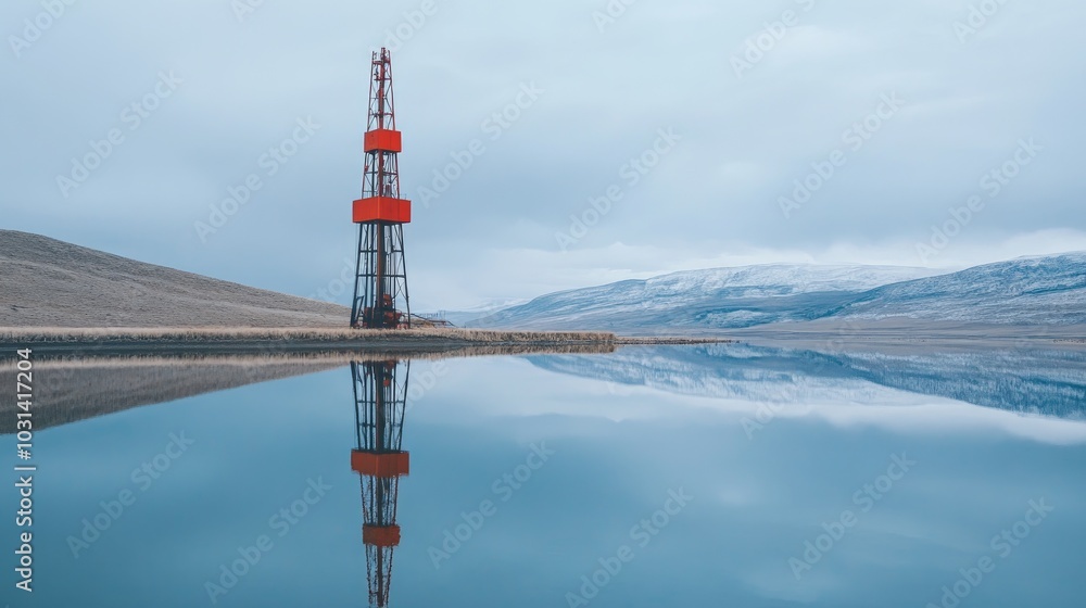 Red Drilling Rig Reflected in Still Lake Water, Snowy Mountains in Background Red Drilling Rig Reflected in Still Lake Water, Snowy Mountains in Background