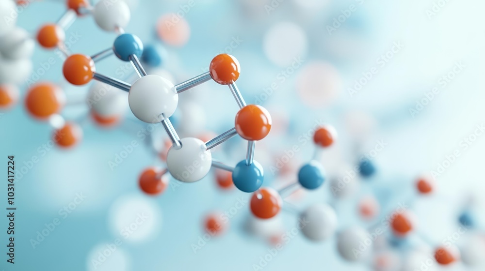 3D model of a molecular chain with detailed organic structures, particles orbiting in dynamic motion, symbolizing advanced biochemistry, Molecular Engineering, Advanced Biology 3D model of a molecular chain with detailed organic structures, particles orbiting in dynamic motion, symbolizing advanced biochemistry, Molecular Engineering, Advanced Biology