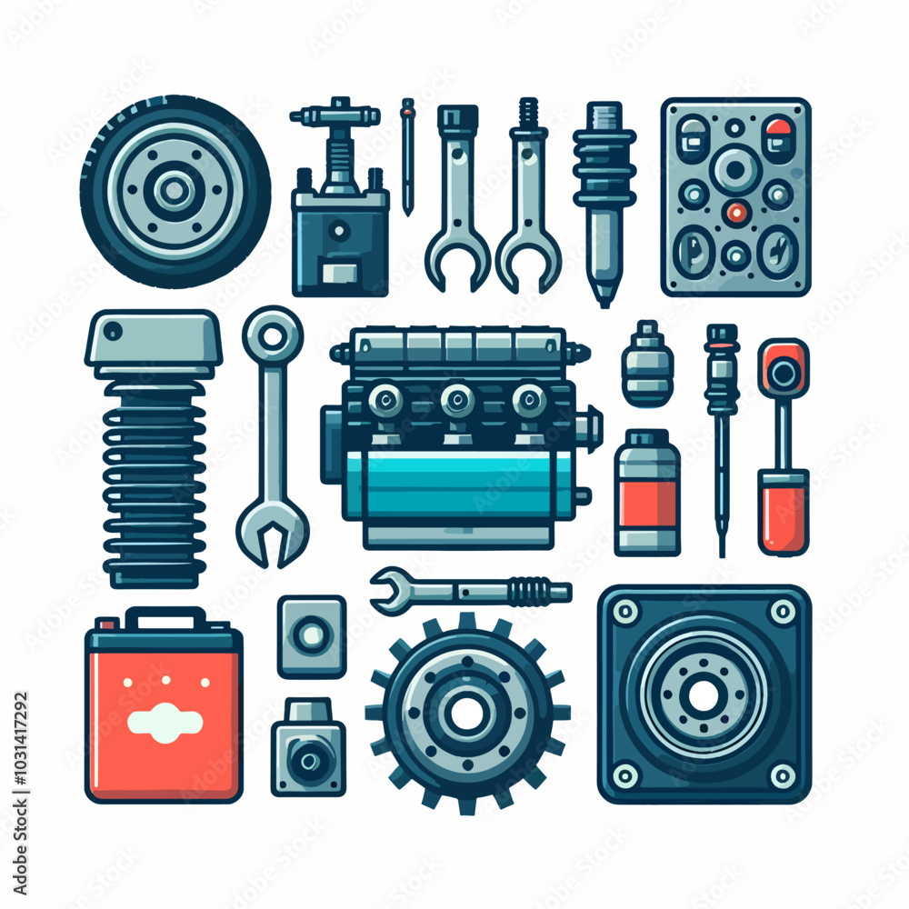 A collection of tools and parts for a car engine A collection of tools and parts for a car engine