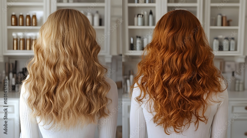 Fototapeta premium Split-screen before-and-after of second-day curls, focusing on the bounce and definition restored by honey, Realistic, Soft Focus, Warm Lighting