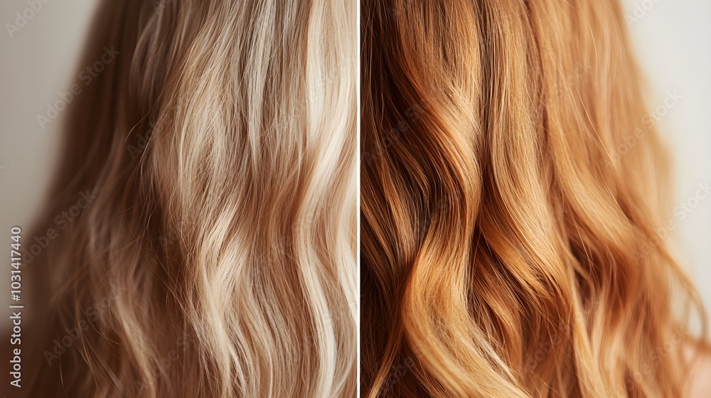 Naklejka premium Split-screen image of curly hair, frizzy texture before and smooth, hydrated curls after honey-based styling, Realistic, Vibrant Colors, Soft Lighting