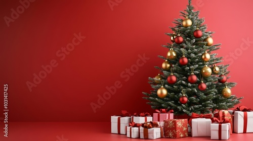 Beautifully decorated Christmas tree with red and gold ornaments, surrounded by neatly wrapped gifts, against a vibrant red backdrop, Christmas Scene, Holiday Spirit