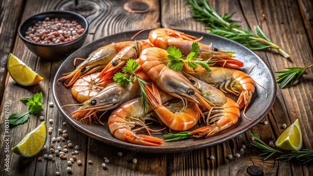 Fresh Raw Shrimps on Gray Plate - Low Light Seafood Photography Fresh Raw Shrimps on Gray Plate - Low Light Seafood Photography