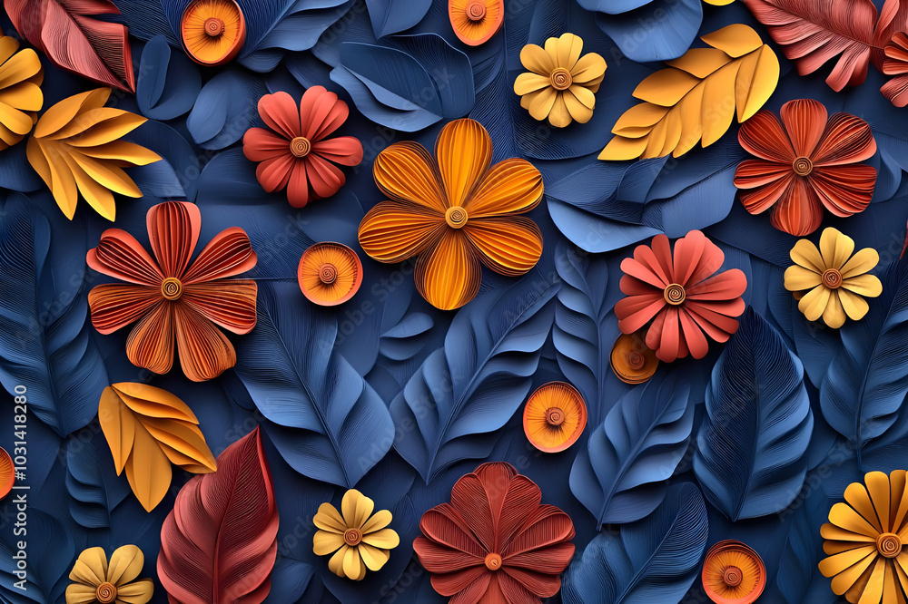 Bold Floral Paper Art with Yellow and Red Blooms on a Deep Blue Background Bold Floral Paper Art with Yellow and Red Blooms on a Deep Blue Background