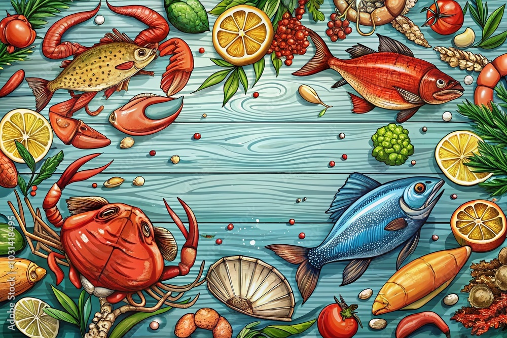 Fresh Seafood Menu Poster - Hand Drawn Fish Market Illustration for Restaurants Fresh Seafood Menu Poster - Hand Drawn Fish Market Illustration for Restaurants