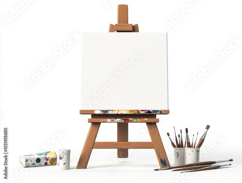 A detailed painters easel with a blank canvas, isolated on a white background  photo