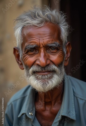 An elderly man from India exudes joy with a warm smile and twinkling eyes. His gray hair and beard reflect the wisdom of his years, showcasing a life rich in experiences. Generative AI