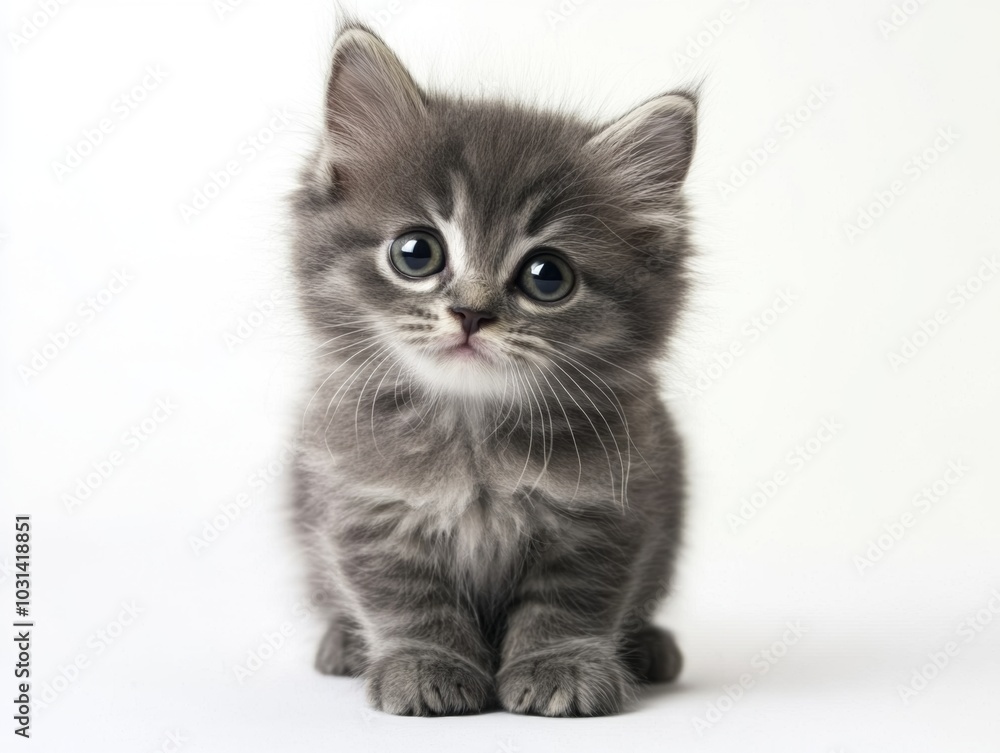 Fototapeta premium A fluffy grey kitten with big eyes, isolated on a white background