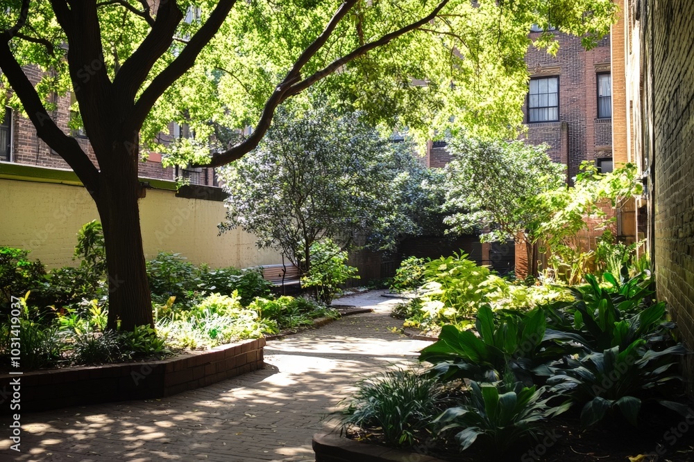 A tree planted in a small urban garden, providing shade and beauty to the surrounding buildings A tree planted in a small urban garden, providing shade and beauty to the surrounding buildings