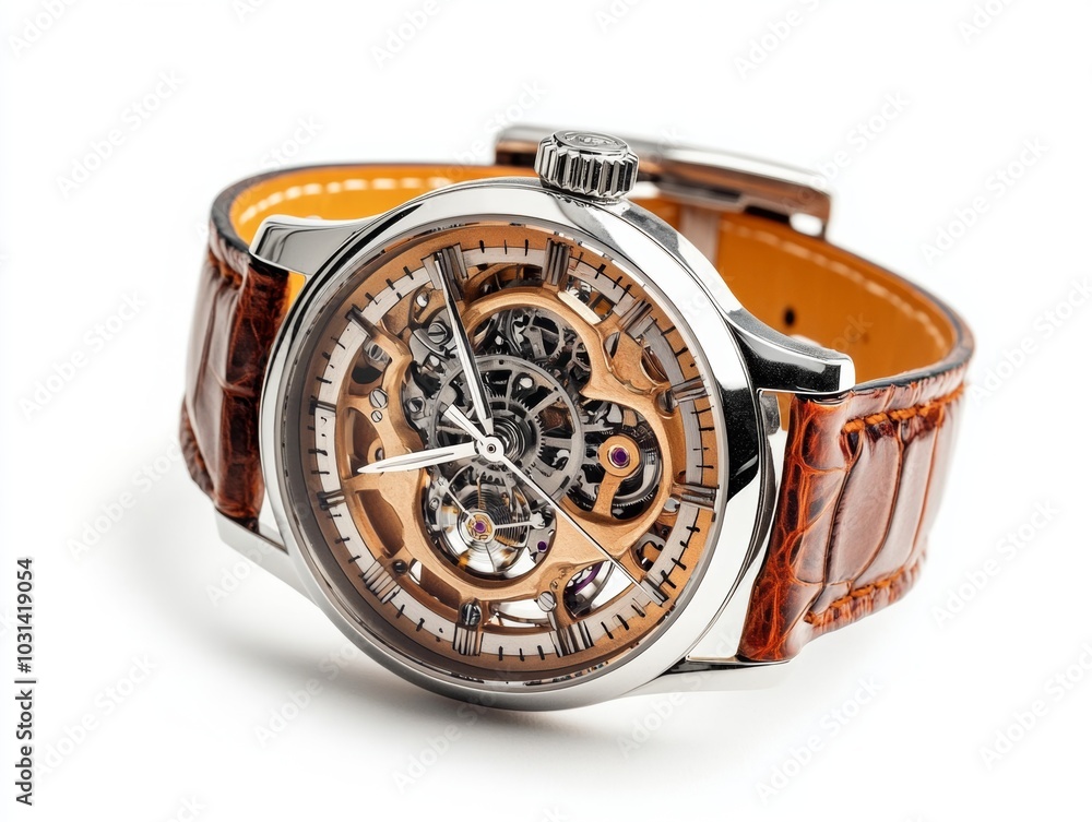 Fototapeta premium A modern wristwatch with a leather strap and visible clockwork, isolated on a white background