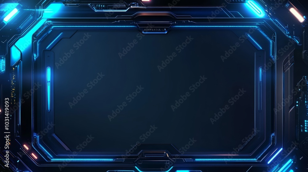 Futuristic Sci Fi Interface Frame with Neon Blue Lights and Holographic Patterns Futuristic Sci Fi Interface Frame with Neon Blue Lights and Holographic Patterns