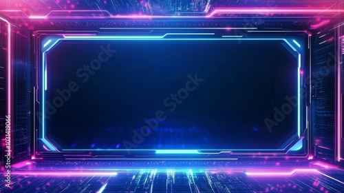 Futuristic Neon Frame with Holographic Patterns and Blue and Pink Lights