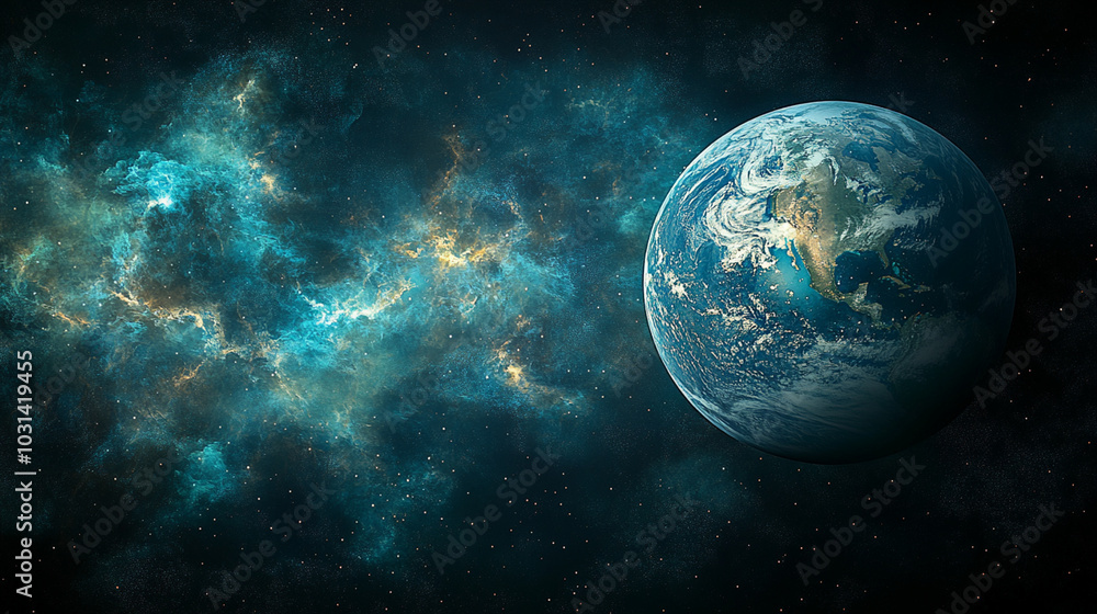 Space exploration concept with a planet, stars, and distant galaxies, with a clear, open area for copy space. Space exploration concept with a planet, stars, and distant galaxies, with a clear, open area for copy space.