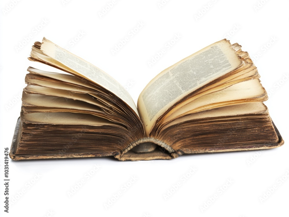 A single open book with yellowed pages, isolated on a white background A single open book with yellowed pages, isolated on a white background