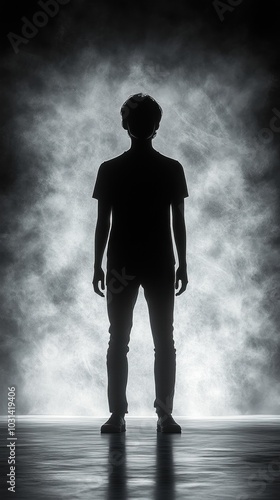 Silhouette of a person standing against a smoky background.