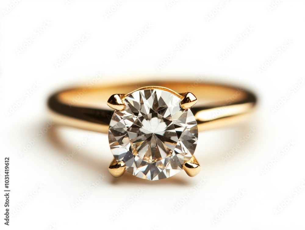 A sparkling diamond ring with a gold band, isolated on a white background A sparkling diamond ring with a gold band, isolated on a white background