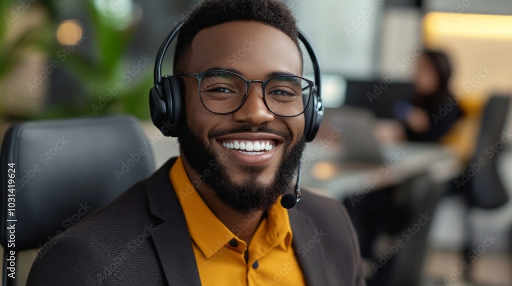 Smiling Black Man Wearing Headphones and Glasses in an Office Smiling Black Man Wearing Headphones and Glasses in an Office