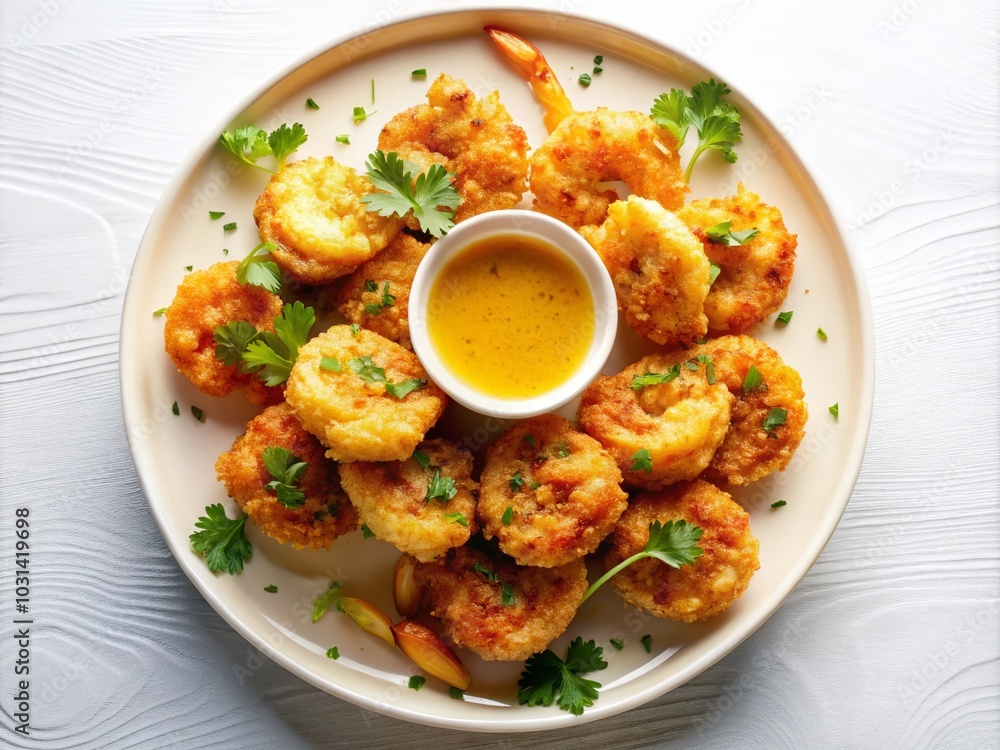 Fried Shrimp with Sauce Isolated on White Background - Delicious Seafood Dish Photography Fried Shrimp with Sauce Isolated on White Background - Delicious Seafood Dish Photography