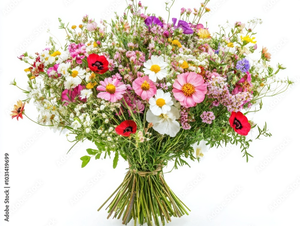 Fototapeta premium A vibrant bouquet of wildflowers, tightly arranged and isolated on a white background