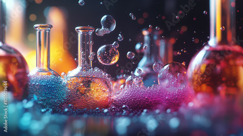 Close-up of a chemical reaction with bubbles and vapor, beakers in the background, and a clear space for copy