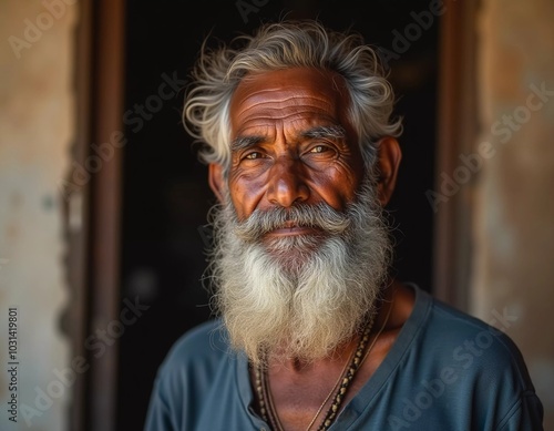 An elderly man from India exudes joy with a warm smile and twinkling eyes. His gray hair and beard reflect the wisdom of his years, showcasing a life rich in experiences. Generative AI