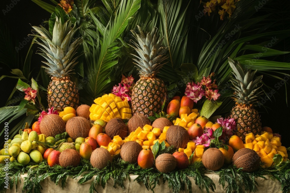 A tropical fruit display with mangoes, pineapples, and coconuts, creating an exotic and colorful presentation A tropical fruit display with mangoes, pineapples, and coconuts, creating an exotic and colorful presentation