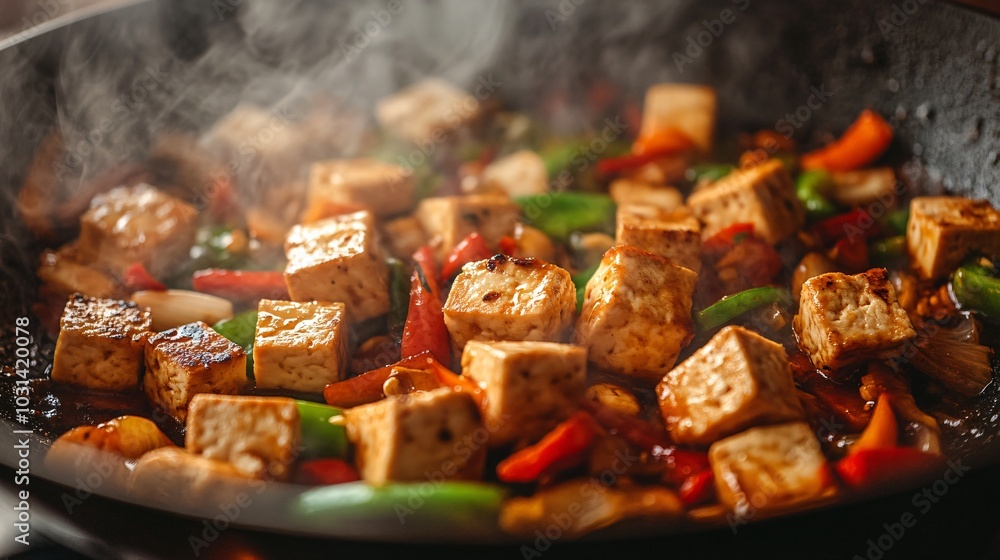 Close-up of tofu cubes being stir-fried in a wok with colorful vegetables Close-up of tofu cubes being stir-fried in a wok with colorful vegetables