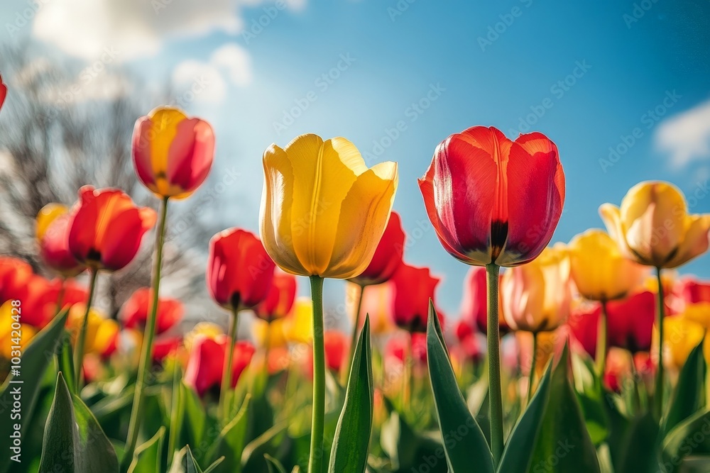 A tulip garden in springtime, bursting with vibrant colors and life A tulip garden in springtime, bursting with vibrant colors and life