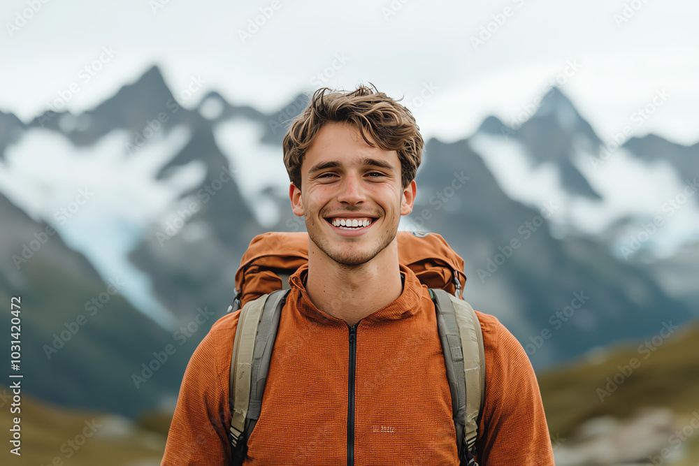 Naklejka premium Smiling hiker in mountains, outdoor adventure.